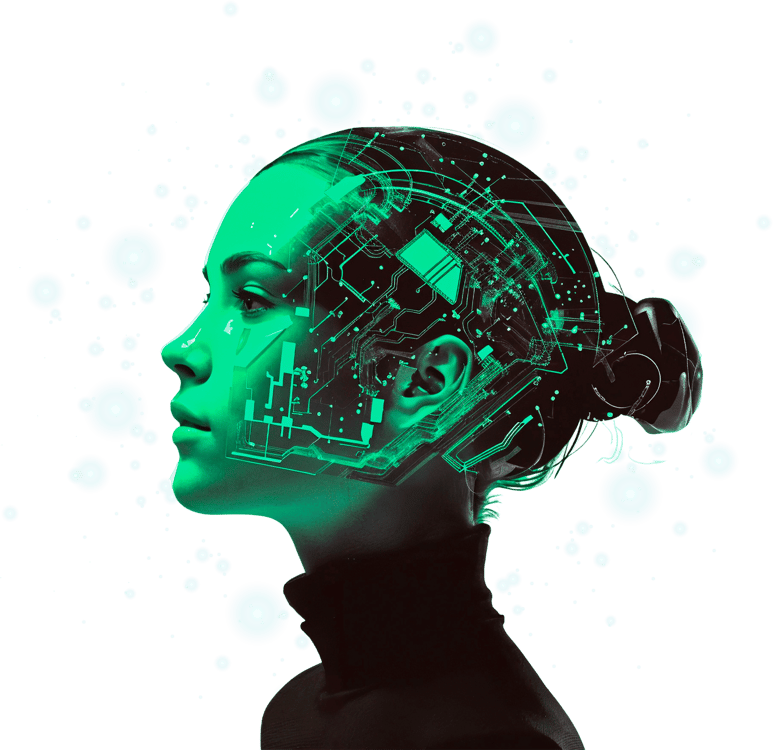 Arte original da XR Educação: perfil humano integrado a circuitos e tecnologias emergentes